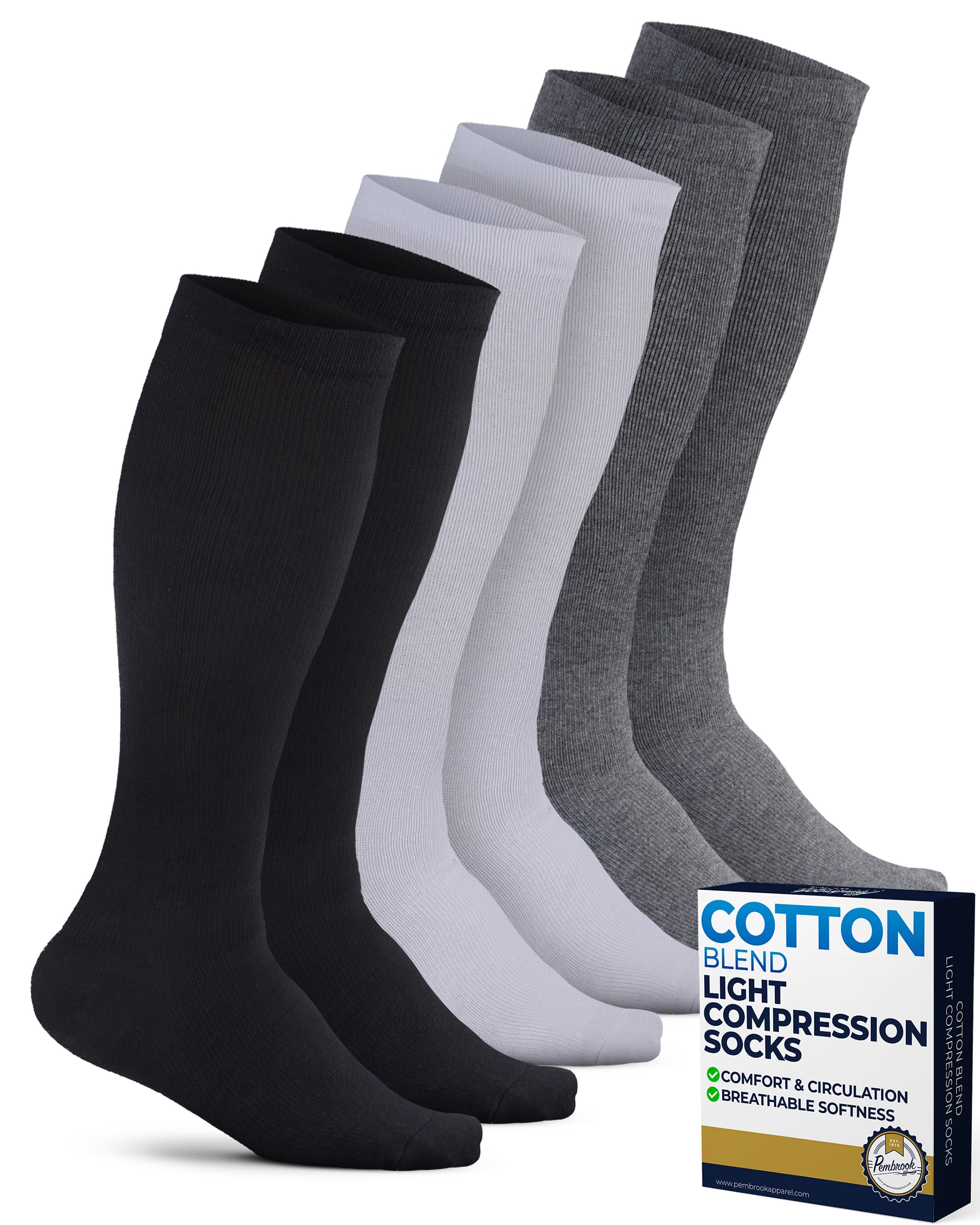Pembrook Cotton Light Compression Socks for Men - 3 Pairs | 8-15 mmHg Comfort Compression Socks for Men