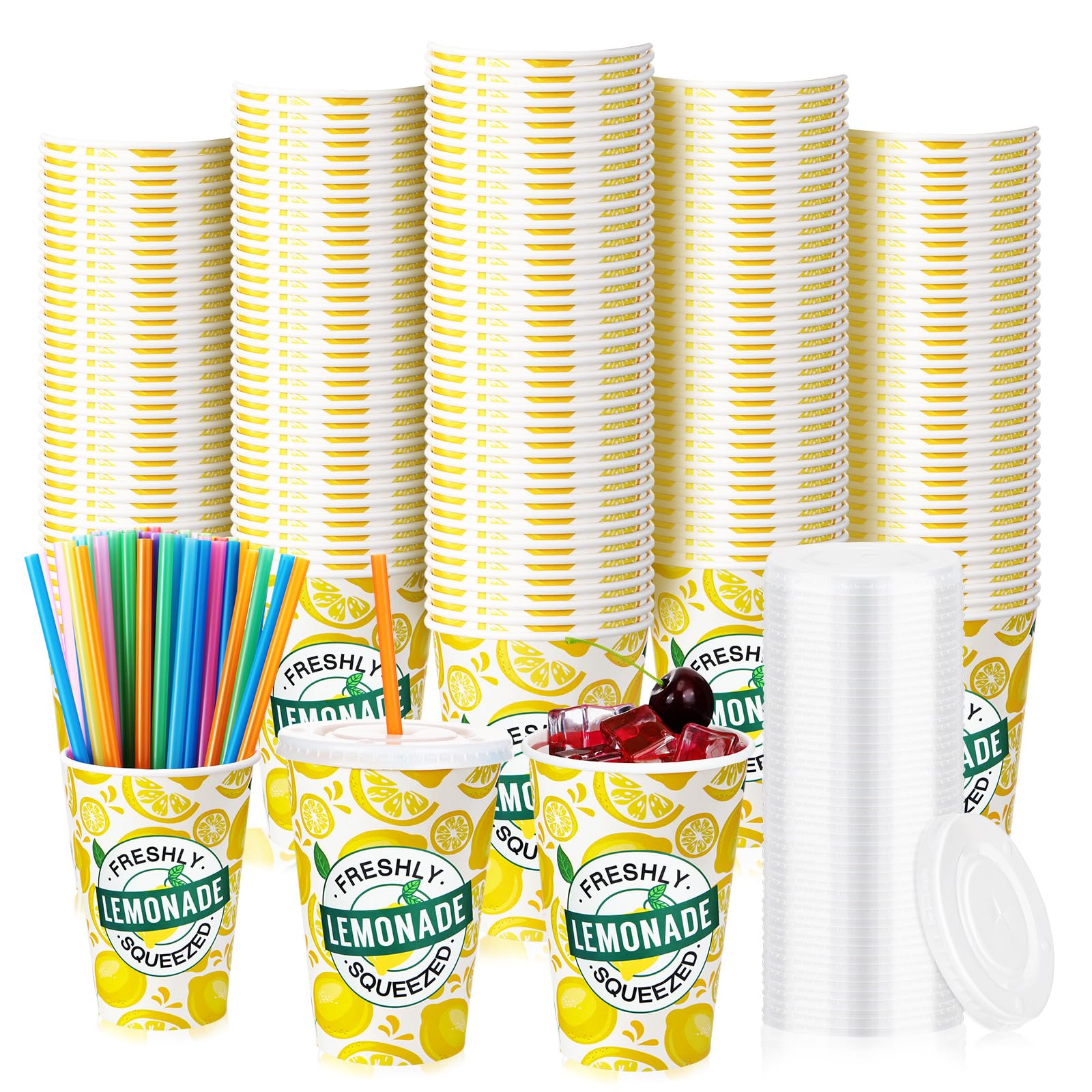 Meanplan 300 Pieces/100 Sets Lemonade Cups with Lids and Straws Disposable Cups for Party Decorative Lemon Paper Cup Lemonade Stand Supplies for Water