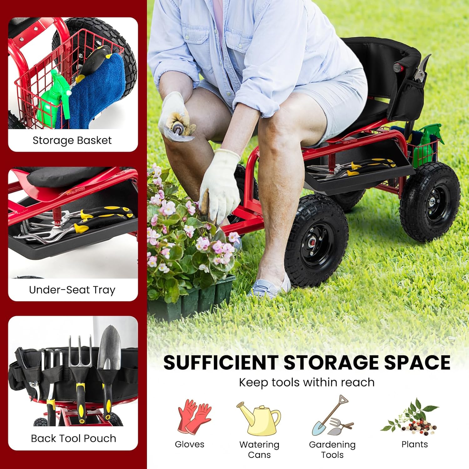 Image illustrating the various storage options: a storage basket, an under-seat tray, and a back tool pouch.