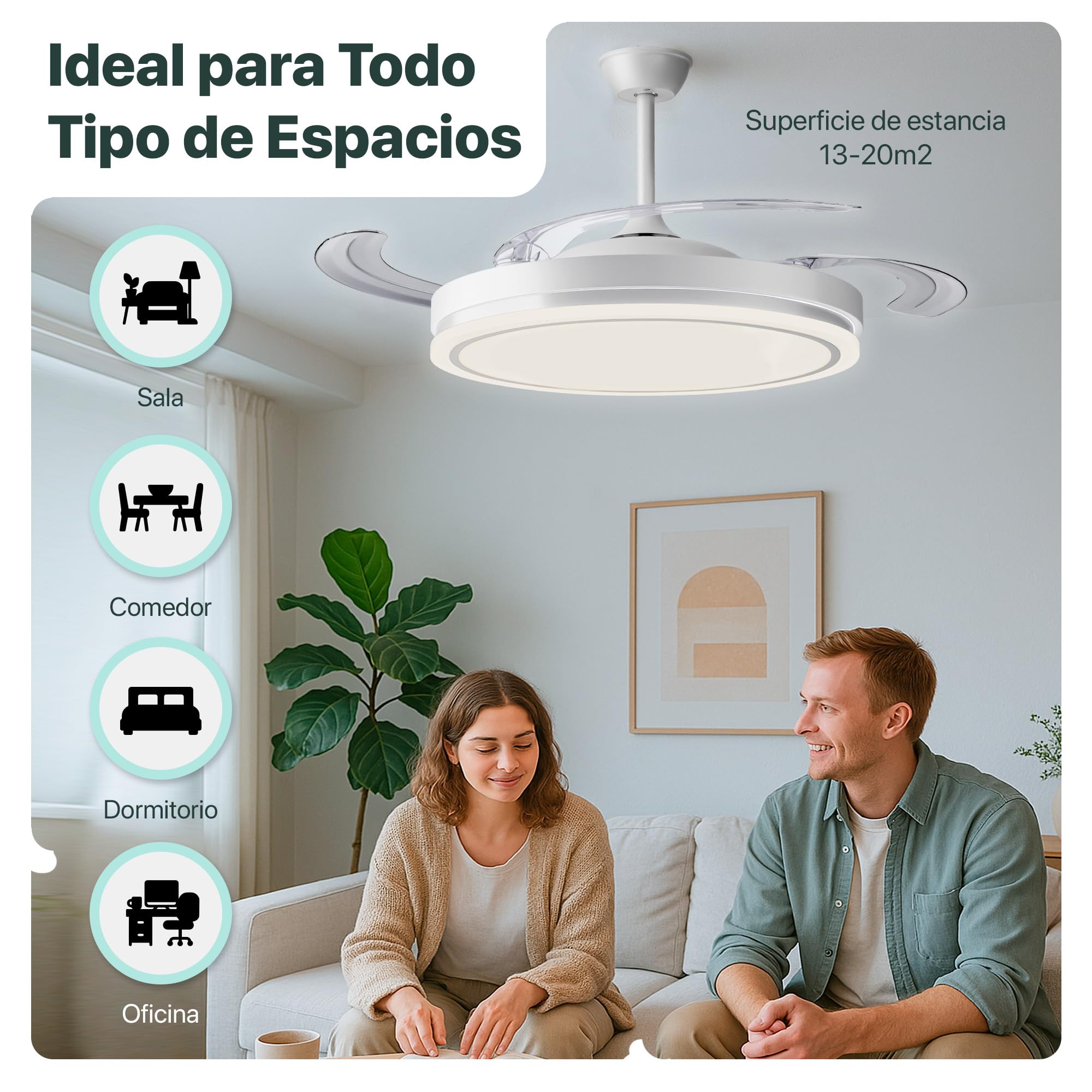 Ventilador de Techo LED 66W, 30W Motor DC+36W LED con Control Remoto+App, 4 Aspas Retráctiles, 2880lm,Ultra Silencioso aspas Retráctiles función verano-invierno (Blanco)