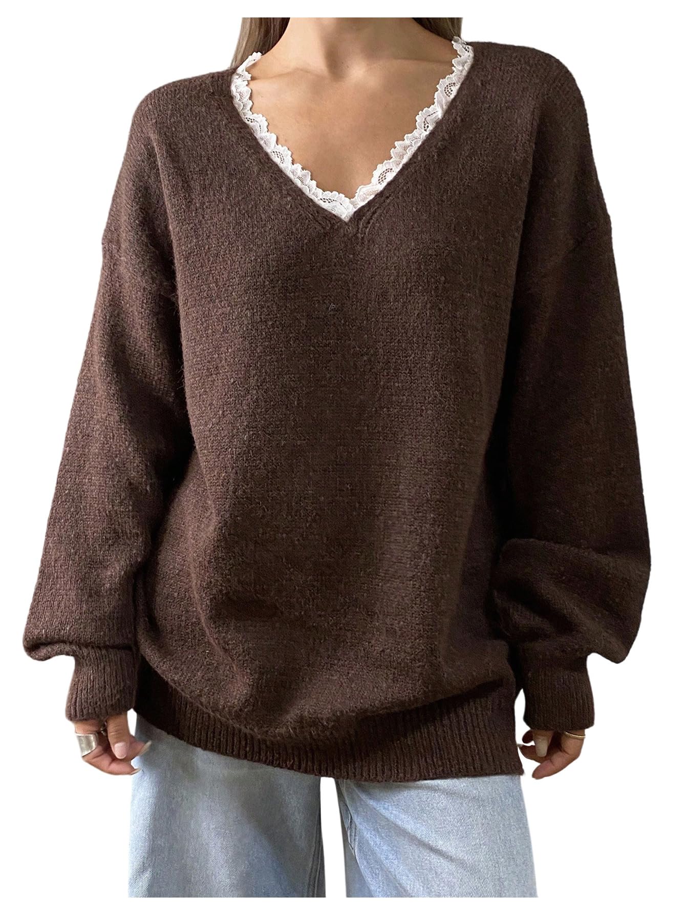WDIRARA Womens Lace Trim V Neck Sweaters Long Sleeve Pullover Loose Knit Tops
