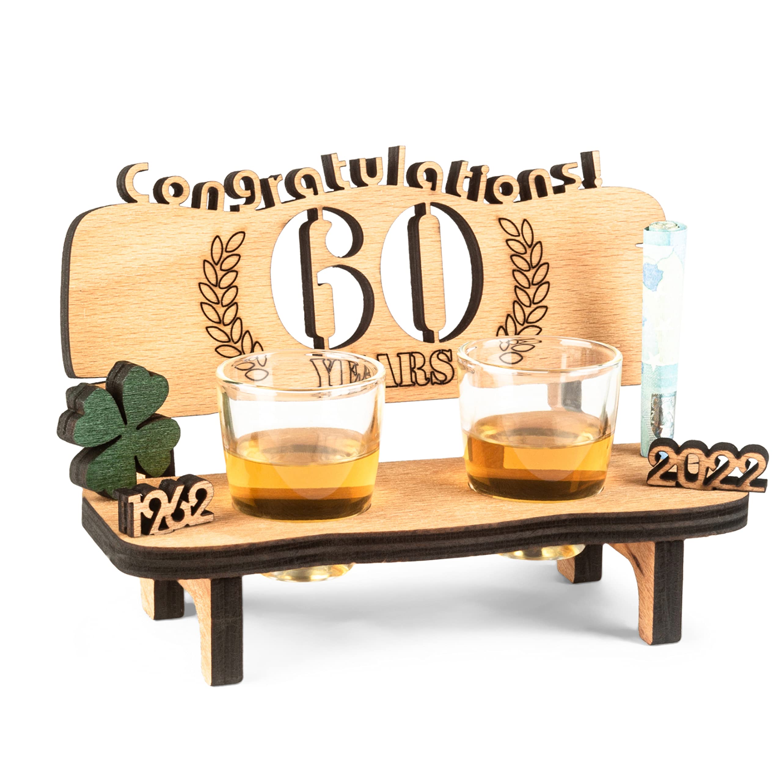 Brynnberg Wooden Bench with Shot Glasses - 60 Engraved (Years Available 10-90) - Original, Funny and Emotional Gift for Wedding, Anniversary or Birthday - 2 Shot Glasses and Wood Four-Leaf Clover
