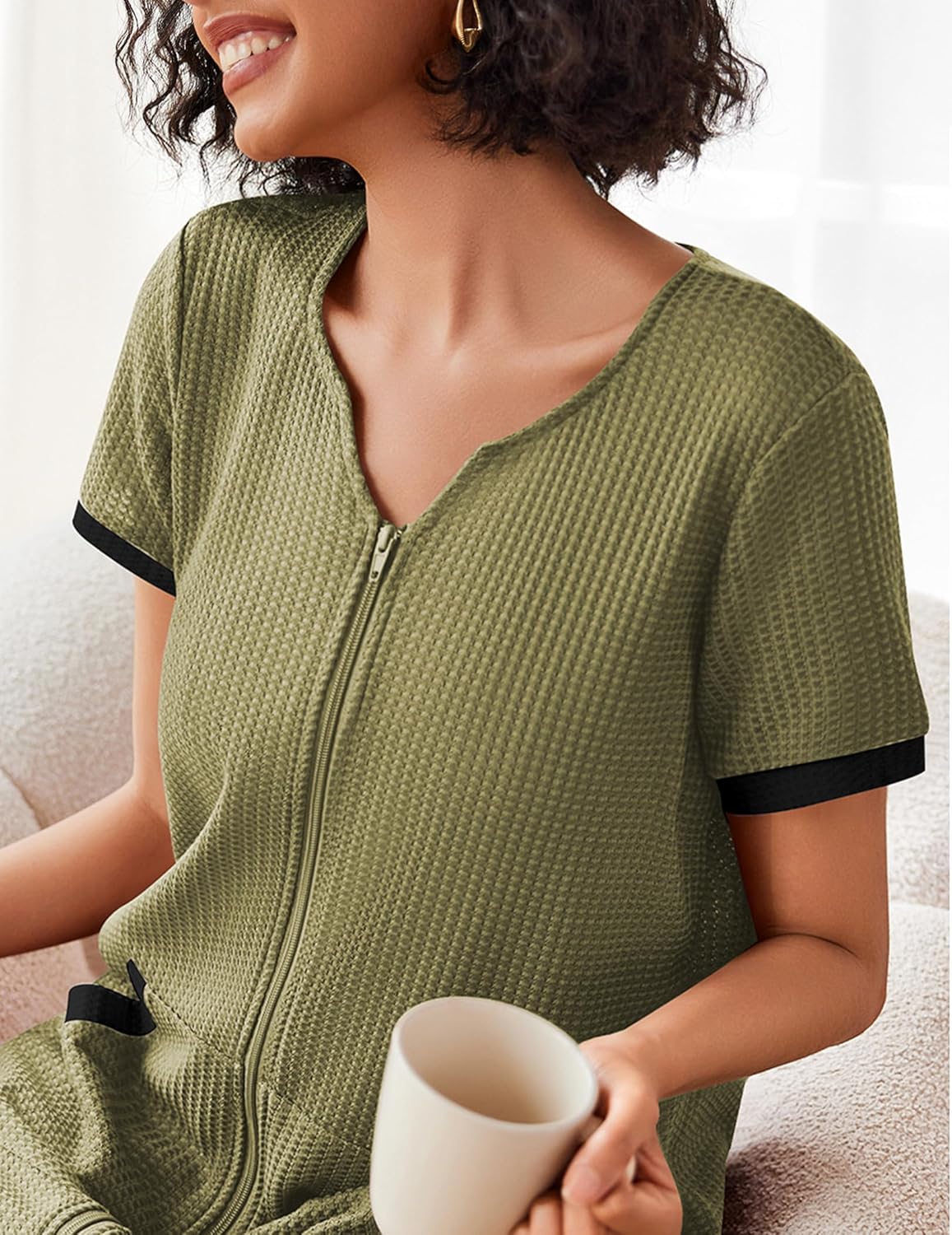 Ekouaer Women Zipper Robe Waffle Short Sleeve Bathrobes Lightweight Knee Length Housecoat with Pockets S-3XL - Image 5