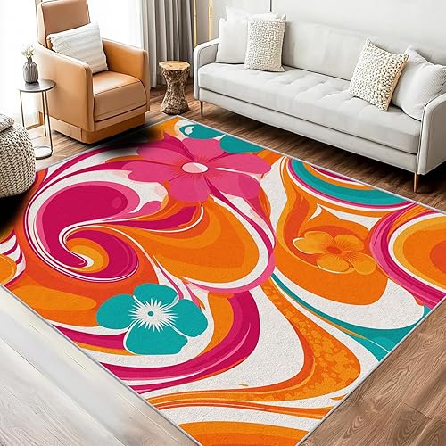 Miniatura 3 de 70s Rug 5x7 Rugs Textured Abstract Floral Area Rug Washable, Retro Themed Carpet Home Room Decor Rugs for Living Room Bedroom Kitchen Dorm Classroom