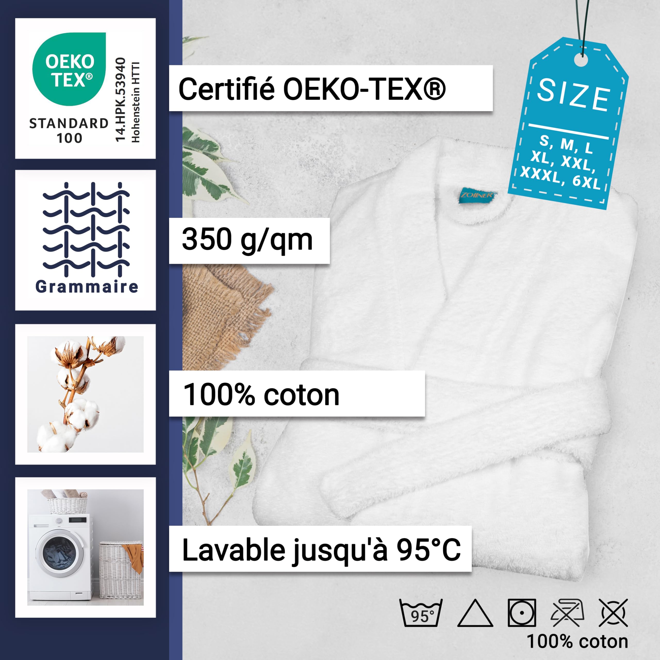 ZOLLNER Peignoir de bain en blanc - doux pour la peau et super absorbant - pour femmes et hommes - coton - taille S-6XL - lavable à 95°C - qualité hôtel - certifié Oeko Tex®, 019