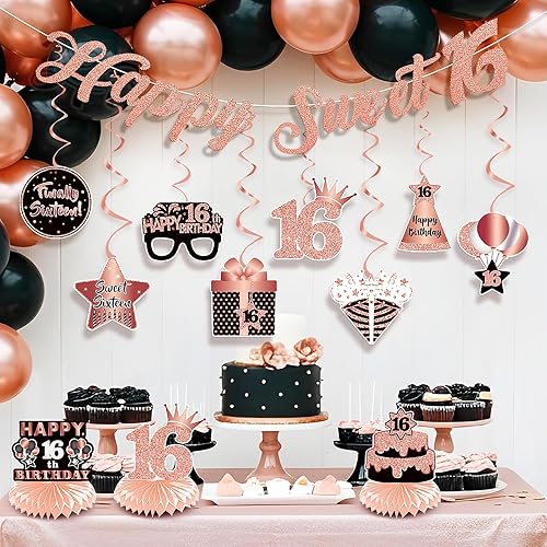 Miniatura 4 de HTDZZI Sweet 16 Birthday Letter Banner Hanging Swirls Honeycomb Centerpieces Decorations Kit, Happy 16th Birthday Decorations for Girls, Rose Gold