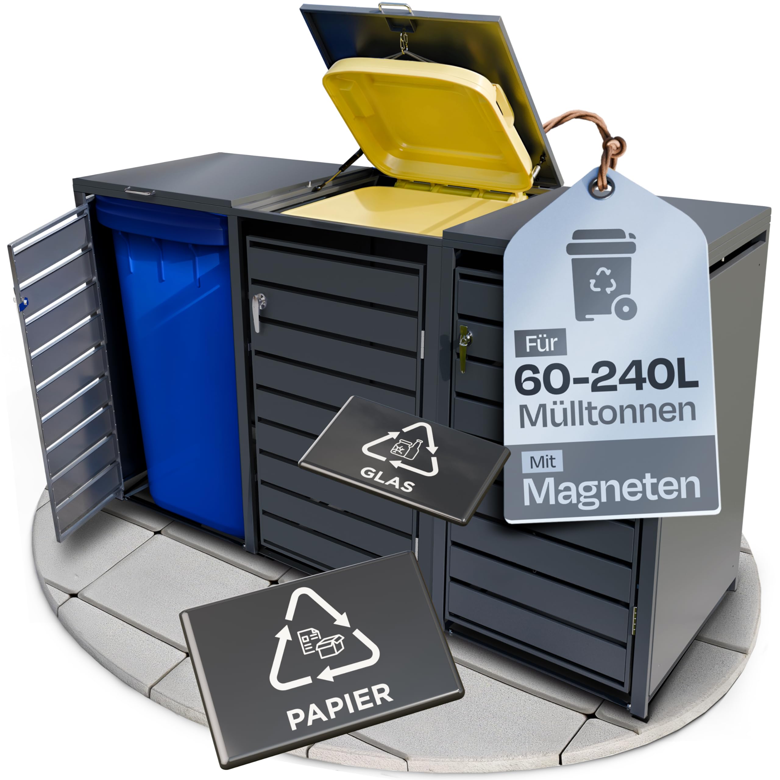 EDELFELD - Wetterfeste Mülltonnenbox für 3 Tonnen [bis 240L] - Abschließbare Mülltonnenverkleidung aus massivem Stahl - 3er Mülltonnenbox mit Soft Close - Inkl. Magnete zur Müllbox Beschriftung