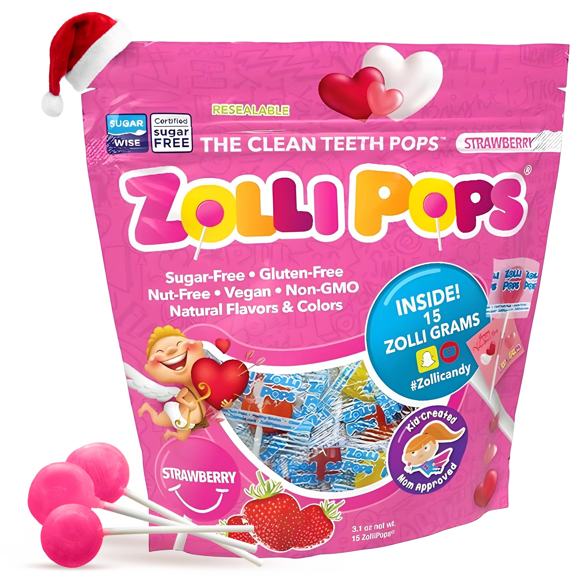 Zollipops Clean Teeth Pops Sugar Free Candy with Xylitol, Dye-Free Lollipops - Keto & Diabetic-Friendly, Dentist-Approved Treats for Kids (Valentine's Day Strawberry 3.1 oz)