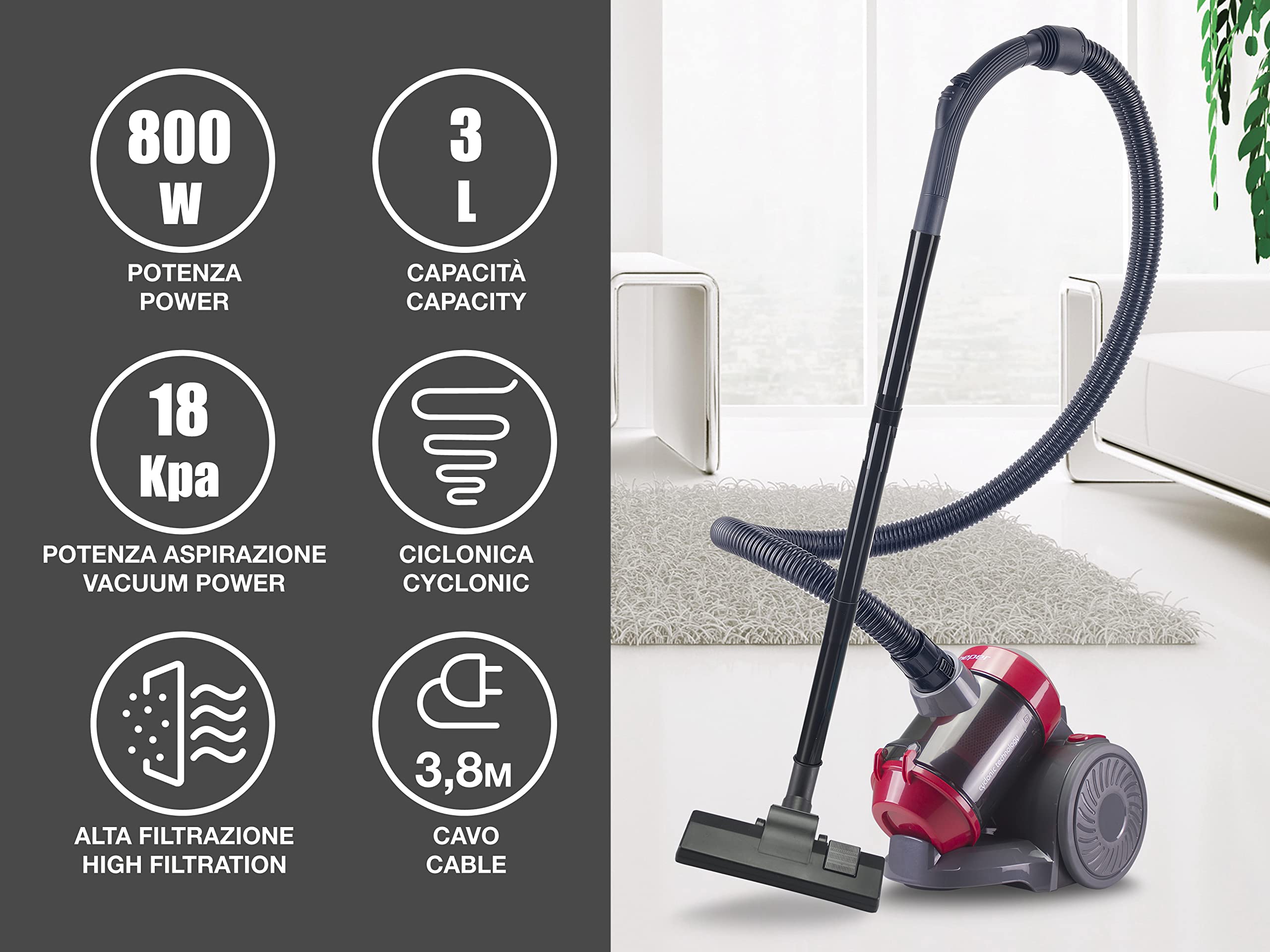 BEPER P202ASP200 Aspirapolvere con Filo Potente Senza Sacco - Aspirapolvere a Traino Ciclonico, Compatto 3 Litri
