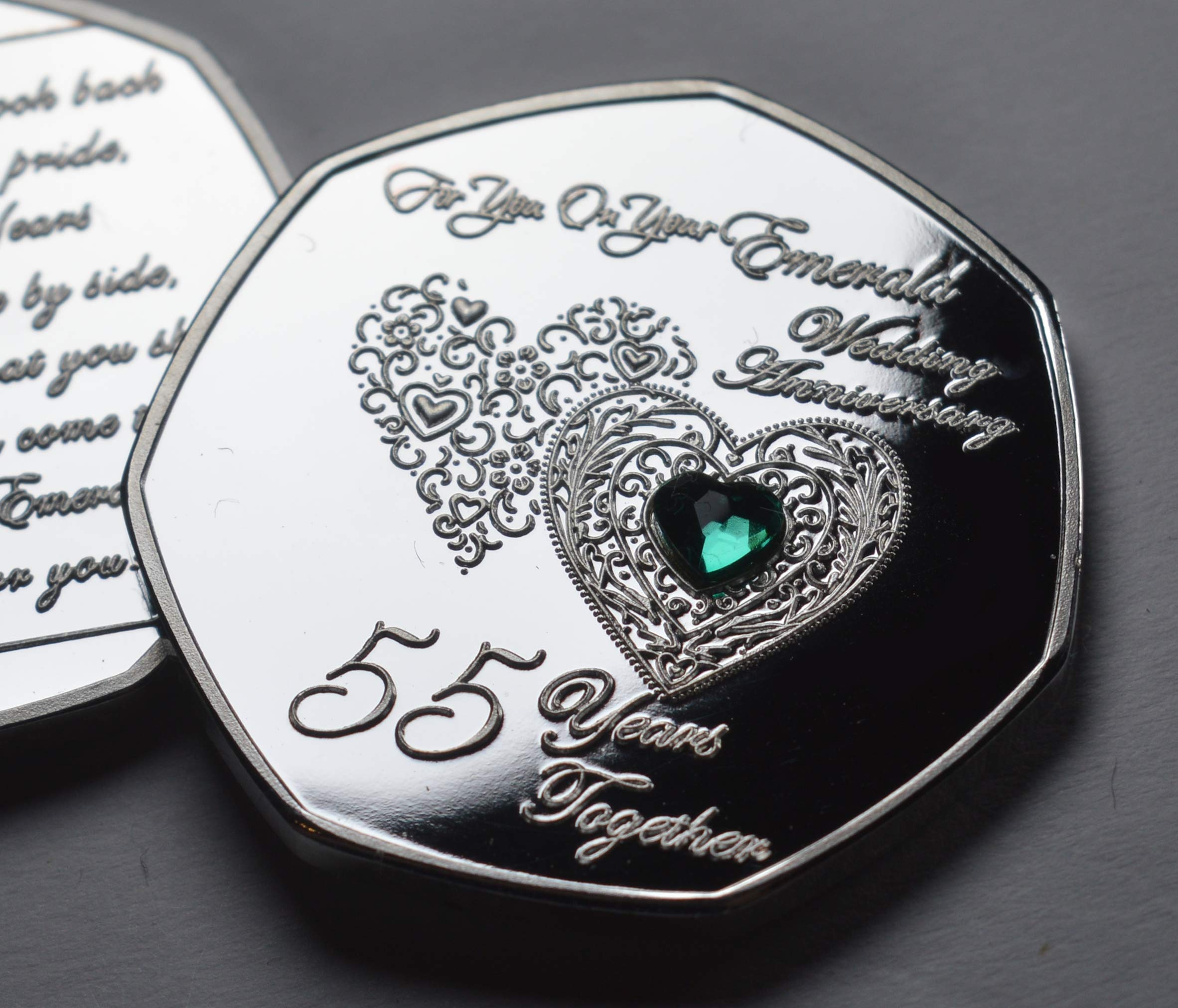 The Commemorative Coin Company 55TH EMERALD WEDDING ANNIVERSARY Silver Commemorative with Diamante Gemstone. Gift/Present 55 Years Together