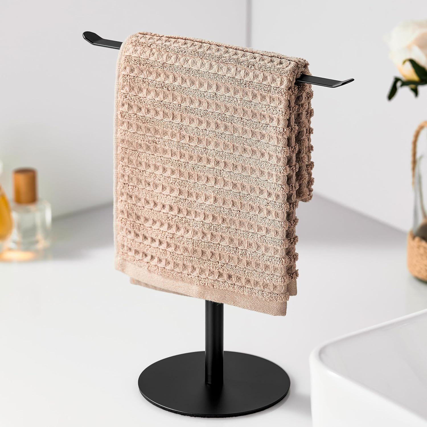 Keepmisc Black T-Shaped Stainless Steel Hand Towel Holder Stand - Non-Slip Countertop Rack for Bathroom Vanity Kitchen