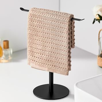 Black Hand Towel Holder Stand Countertop T-Shaped Stainless Steel Towel Rack with Non-Slip Base for Vanity and Kitchen