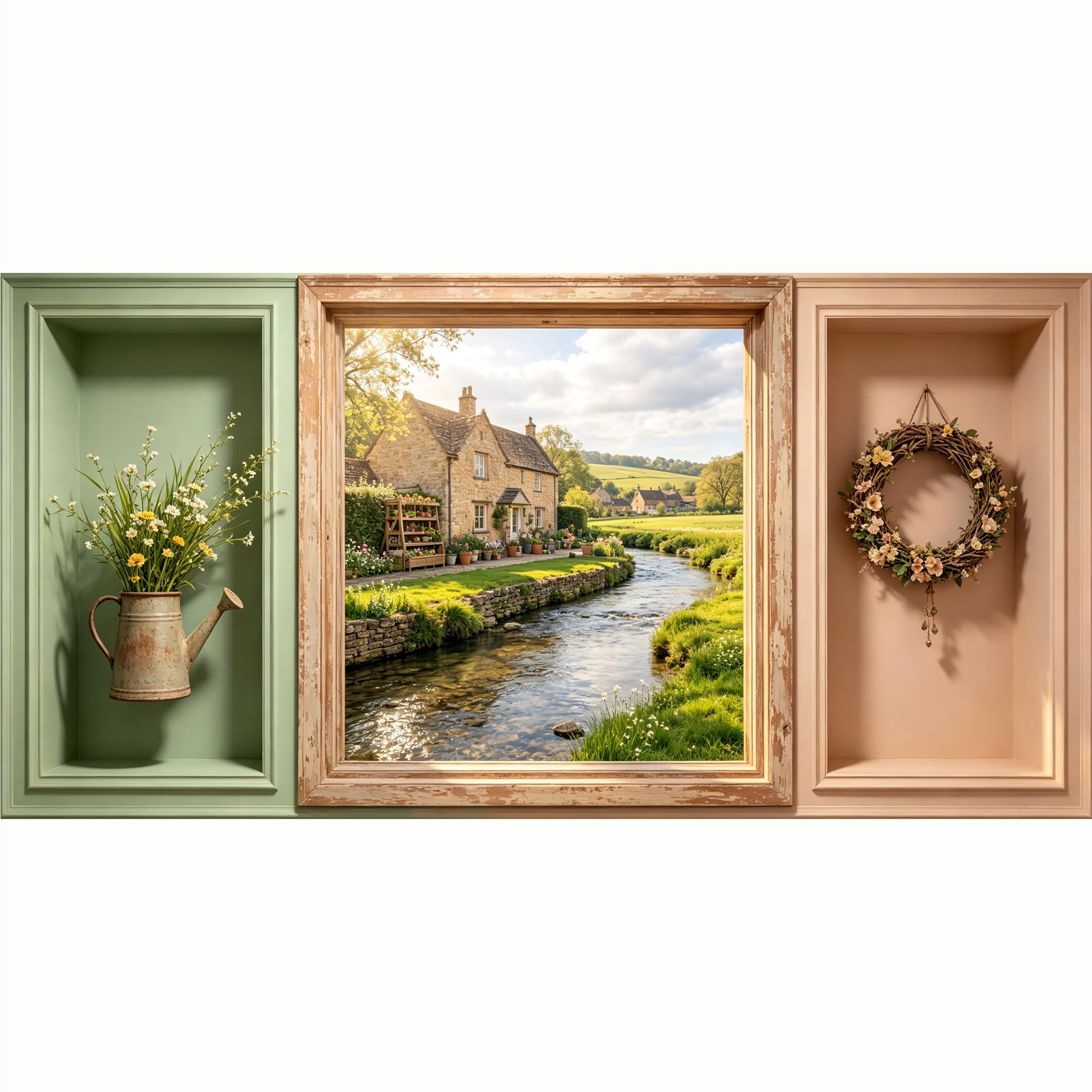 QZLITHOTIC 50x100cm 3D Framed Wall Art， Countryside Cottage River Landscape Farmhouse Floral Wreath SelfAdhesive Mural， WaterActivated Peel & Stick Fabric Decor Wall Decal for Bedroom Living Room