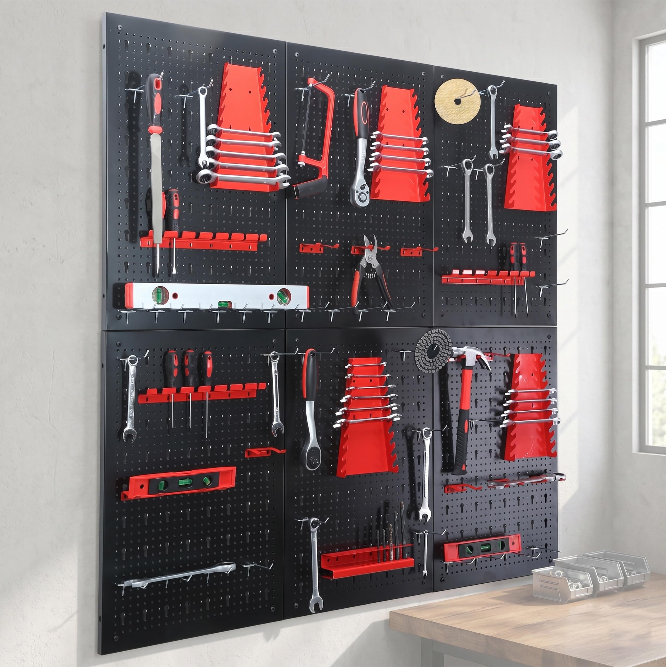 Relaxdays Panel para Herramientas, 6 Paneles Perforados, 58 Accesorios, 60 x 40 cm (Al x An), Metal, Taller, Negro/Rojo