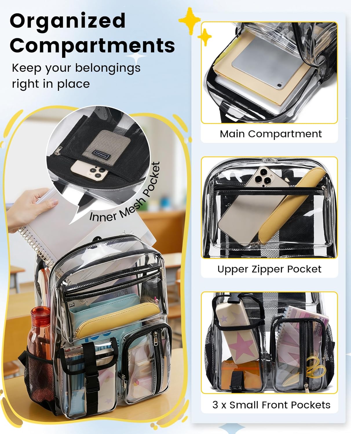 Vorspack Heavy Duty Clear Backpack - Multi-pockets Clear Bookbag for Girls, Boys, Transparent See Through Backpack for School, College, Work, Festival - Black