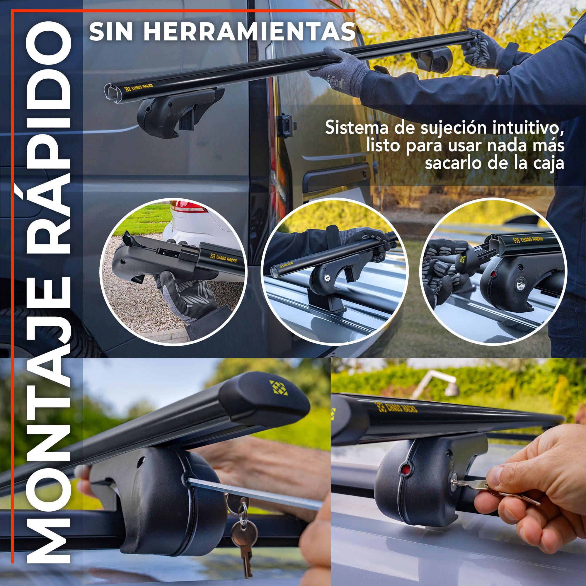 Chaos Racks | Baca Coche Universal para Raíles Abiertos; Barras de Techo; Transporta de Forma Segura Cofre de Techo, Portabicicletas y Escalera; Construcción de Aluminio Ligera y Resistente; 120 cm