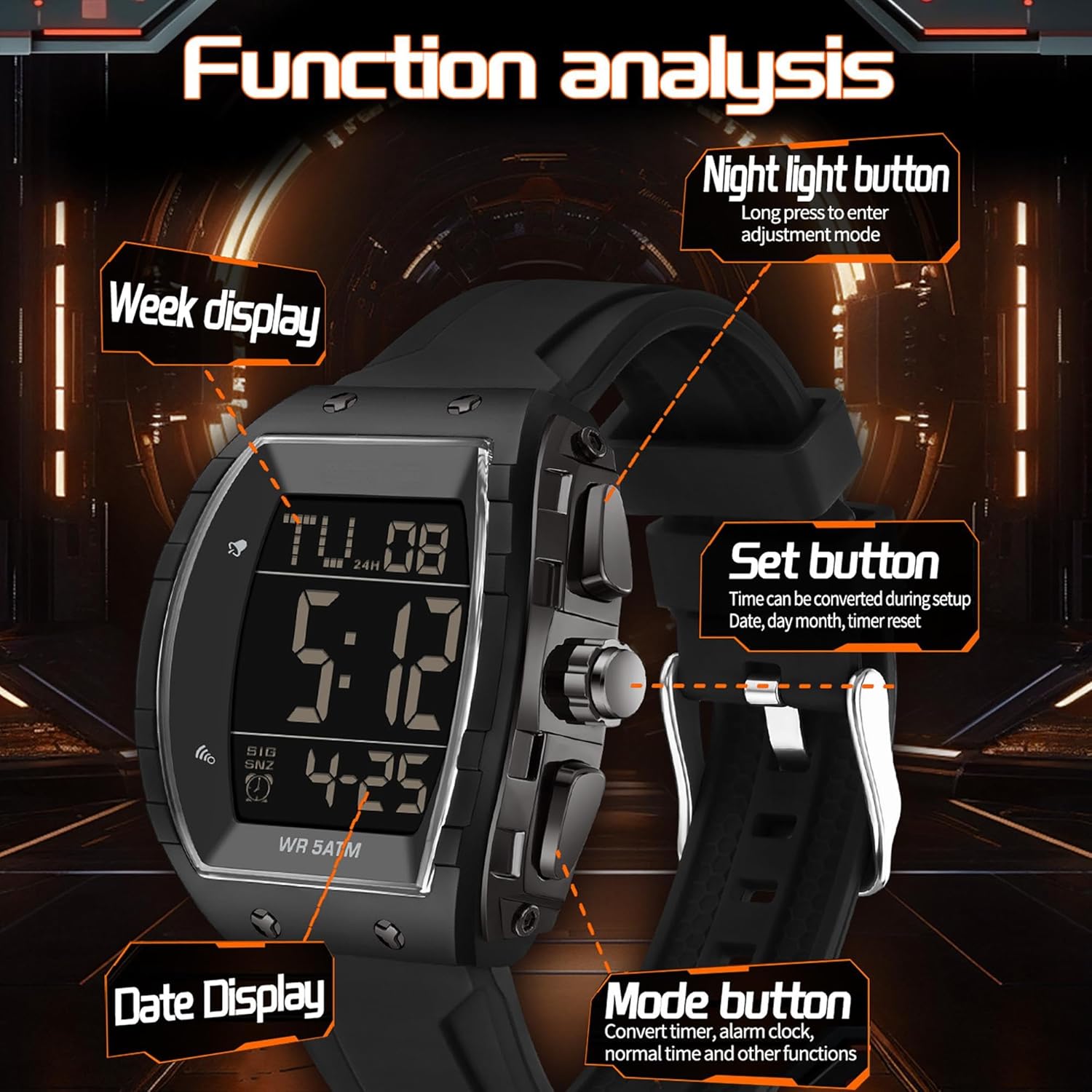 Diagram of watch buttons and display functions