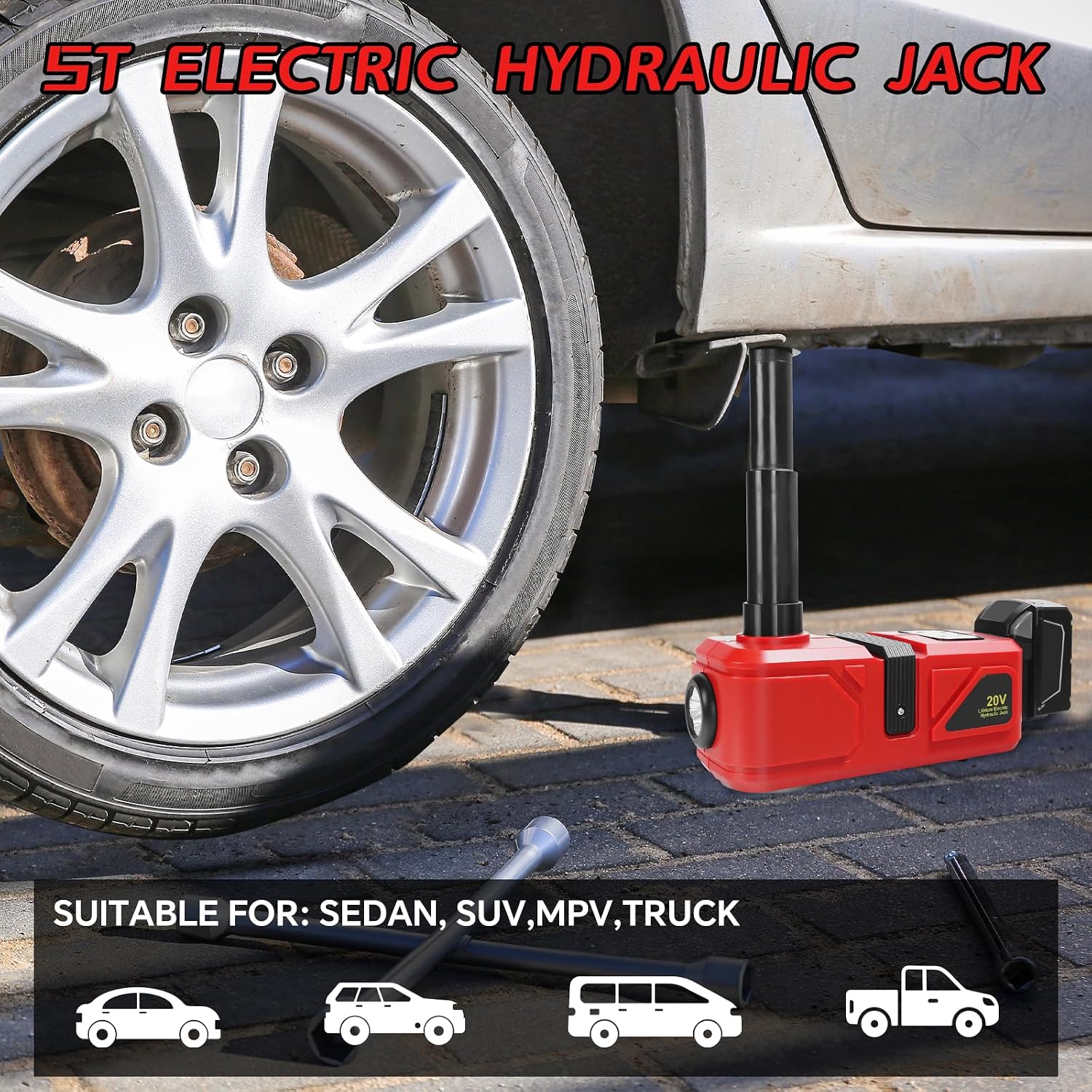 Cordless Electric Car Jack Kit for Milwaukee 18V Battery, Cordless Remote Control 5 Ton Hydraulic Car Jack with LED Light for Sedan, SUV,MPV,Truck (NO Battery