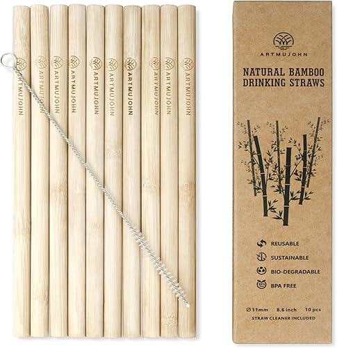 Pajitas de bambú natural, 10 popotes reutilizables de 8.6 pulgadas, limpiador de paja incluido, biodegradable, un diámetro de 0.433 in, pajitas de