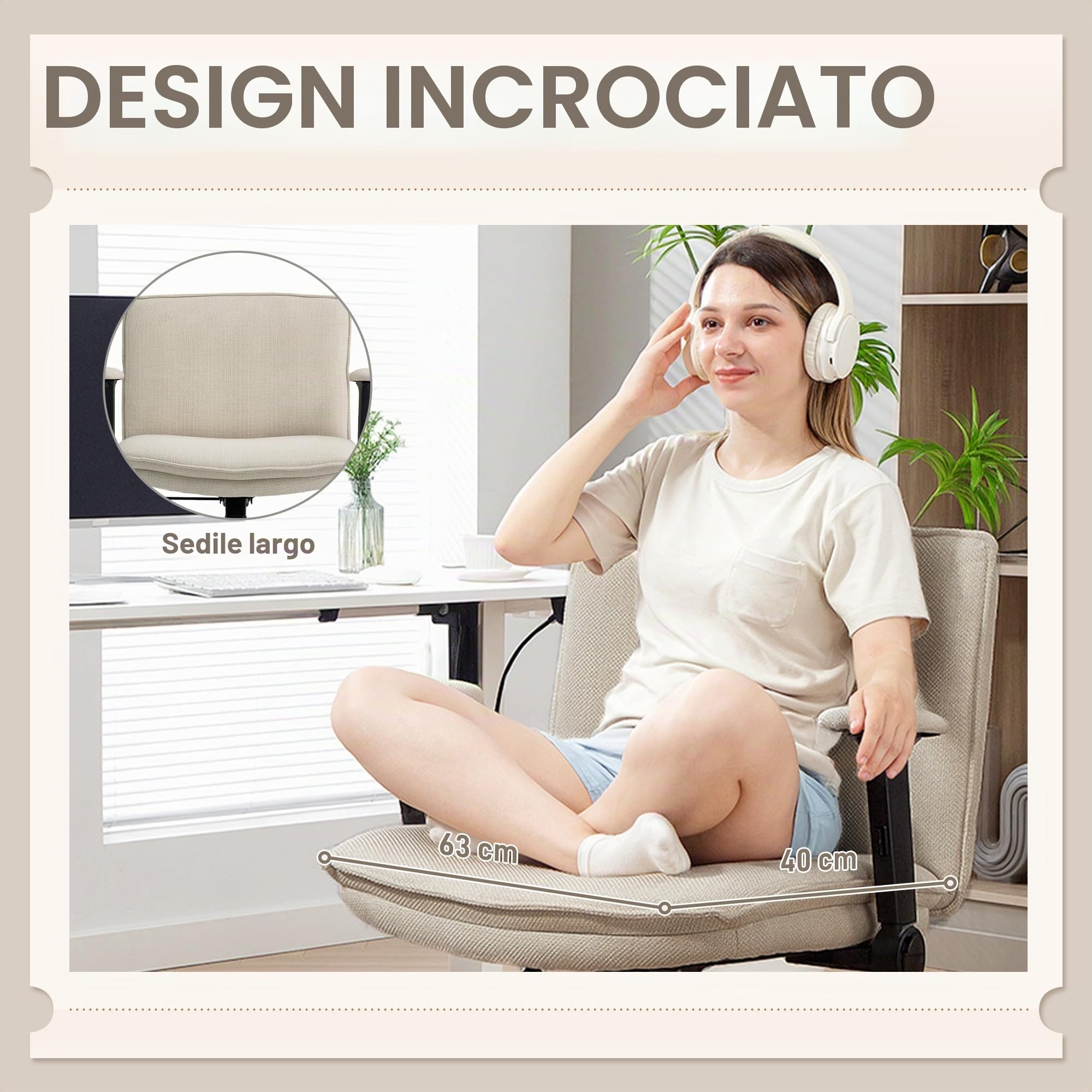 HOMCOM Sedia da ufficio a gambe incrociate senza ruote Crema