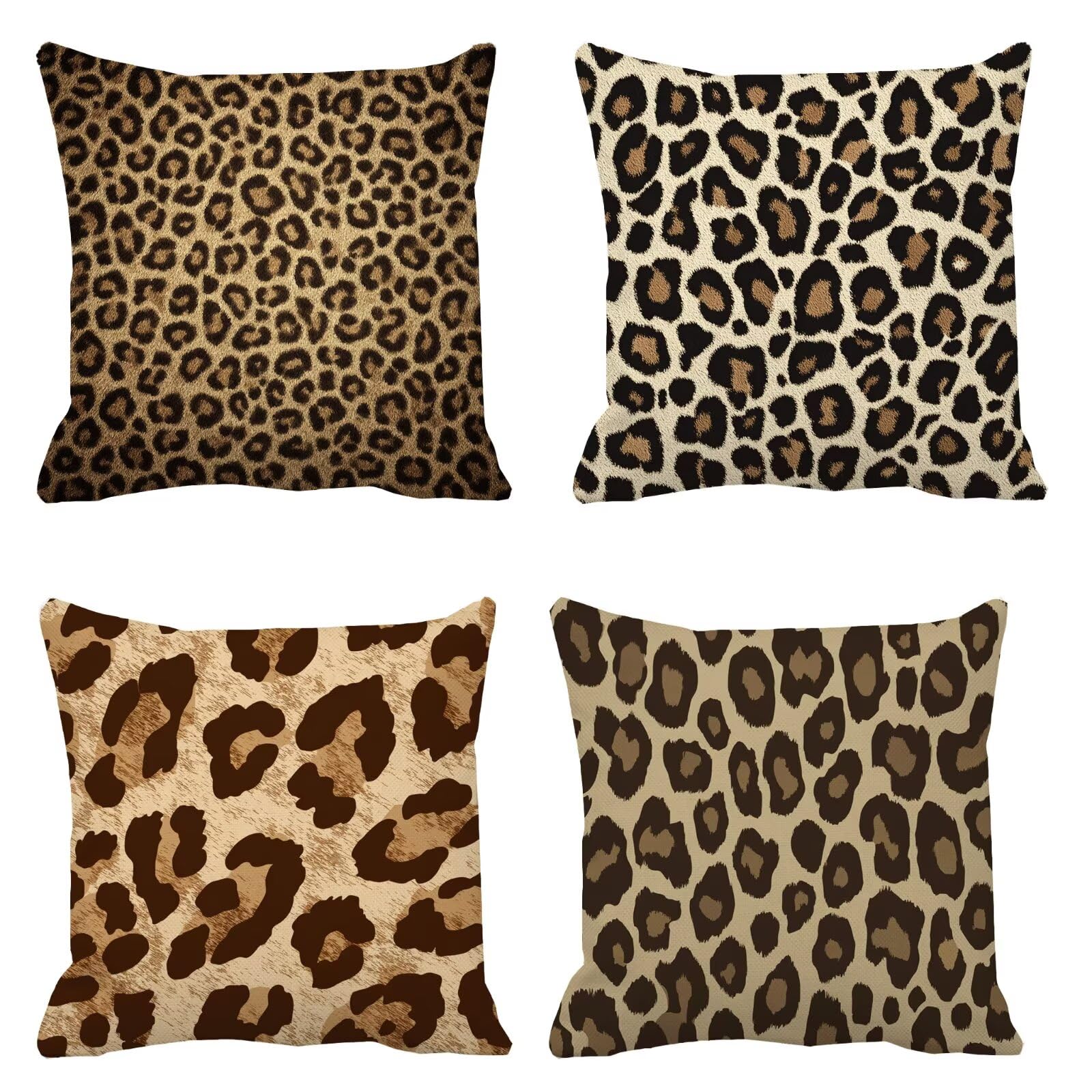 Funda cojín 70x70cm de lino con estampado de leopardo marrón para sofá juego de 4 piezas