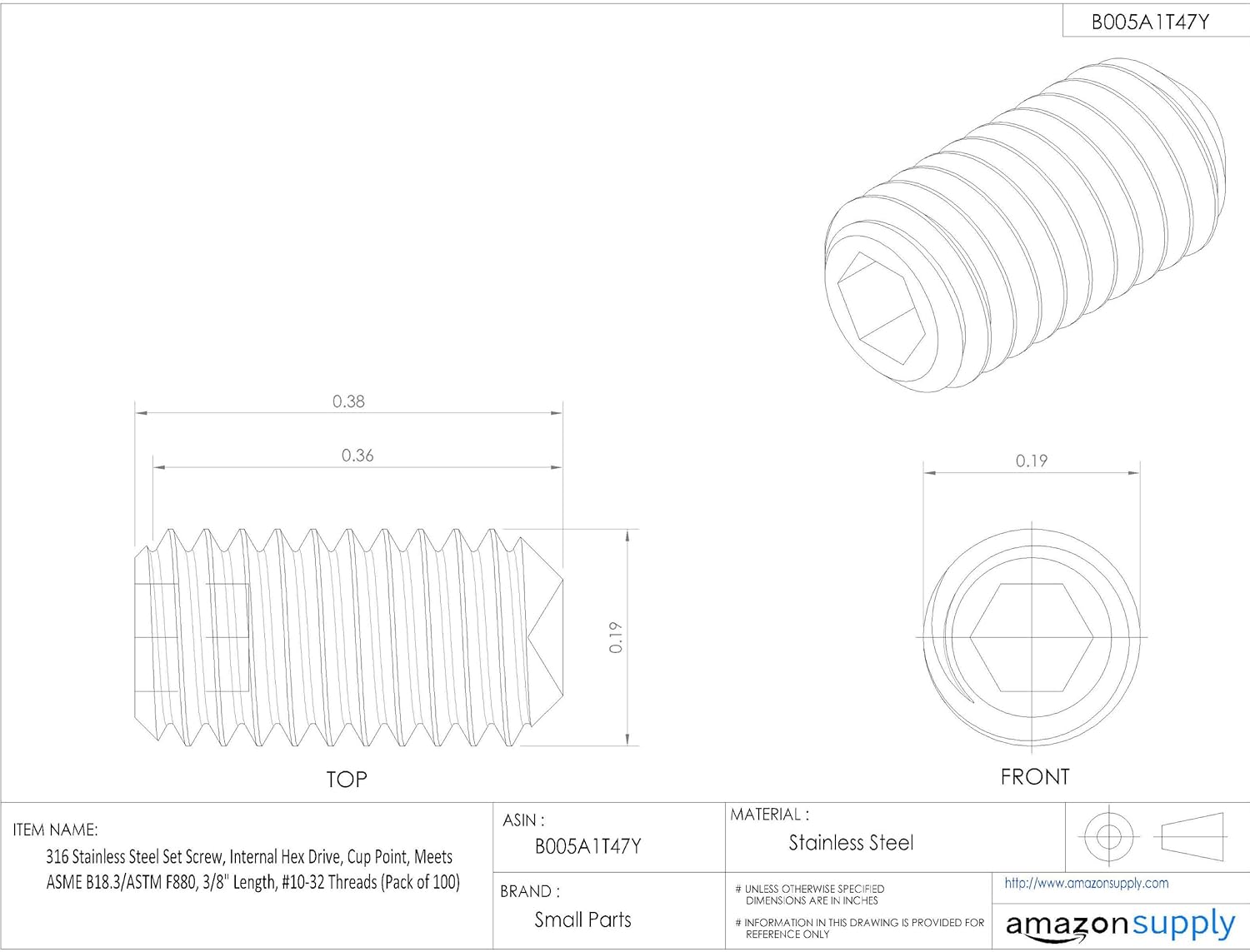 316 Stainless Steel Set Screw, Hex Socket Drive, Cup Point, Meets ASME B18.3/ASTM F880, 3/8" Length, #10-32 Threads (Pack of 100)