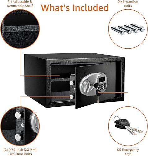 Miniatura 22 de Yaxa Basics Caja fuerte de seguridad de acero con teclado electrónico, para efectivo, joyas, documentos, negro, 0.5 pies cúbicos, 13.8 pulgadas