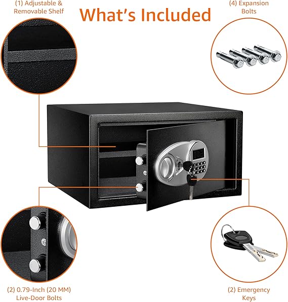 Amazon Basics Steel Security Safe Box with Digital Keypad, for Valuables, Cash, Jewelry, Documents, Removable Shelf, Black, 1 Cubic Foot, 16.9x14.6x9.1 (WxDxH)