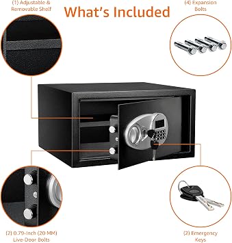 Amazon Basics Steel Security Safe Box with Digital Keypad, for Valuables, Cash, Jewelry, Documents, Removable Shelf, Black, 1 Cubic Foot, 16.9x14.6x9.1 (WxDxH)