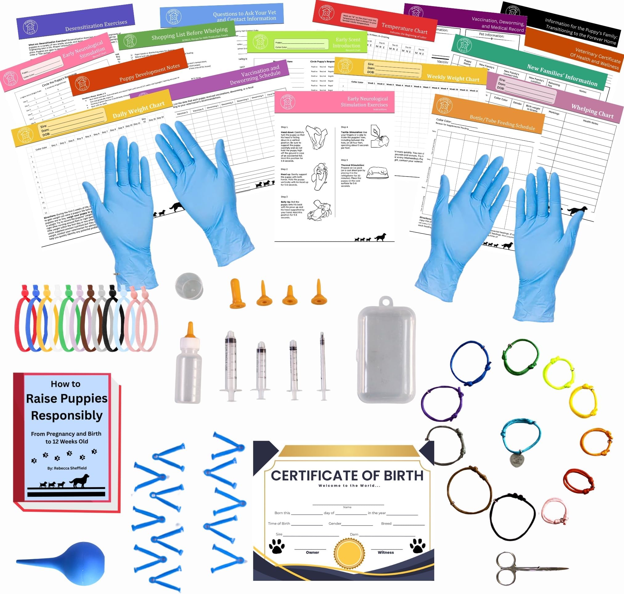 SheffieldSSShop Puppy Whelping Supplies- 52 Piece Puppy Whelping Kit for Puppies Birth- Pregnant Dog Birthing Supplies- Use in Whelping Box- Newborn Puppy Collars for Litter, Puppy Bottles for Nursing