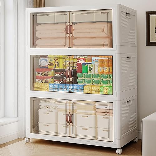 852QT Extra Large Stackable Storage Bins with Lids & Wheels & Door, 213Gal Foldable Collapsible Closet Organizers, Plastic containers drawers for bedroom Dorm