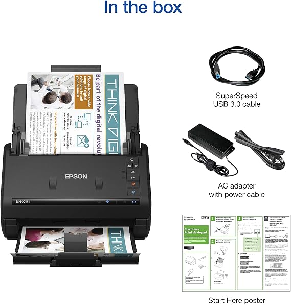 Epson Workforce ES-500W II Wireless Color Duplex Desktop Document Scanner for PCand Mac with Auto Feeder (ADF), Scan from Smartphone or Tablet