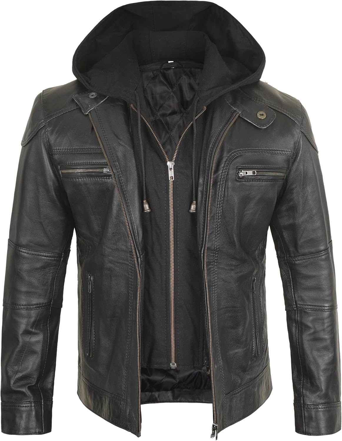 Mens Black Leather Jacket with Removable Hood - Real Lambskin Leather Motorcycle Jacket - Image 3