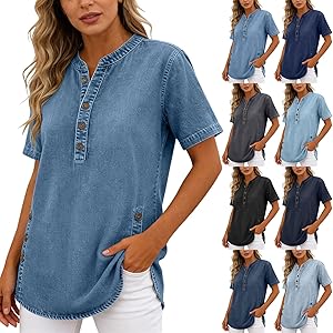 Womens Denim Henley Shirts Button Up V Neck Short Sleeve Tunics Blouses Casual Loose Fit Side Split Button Jean Tops