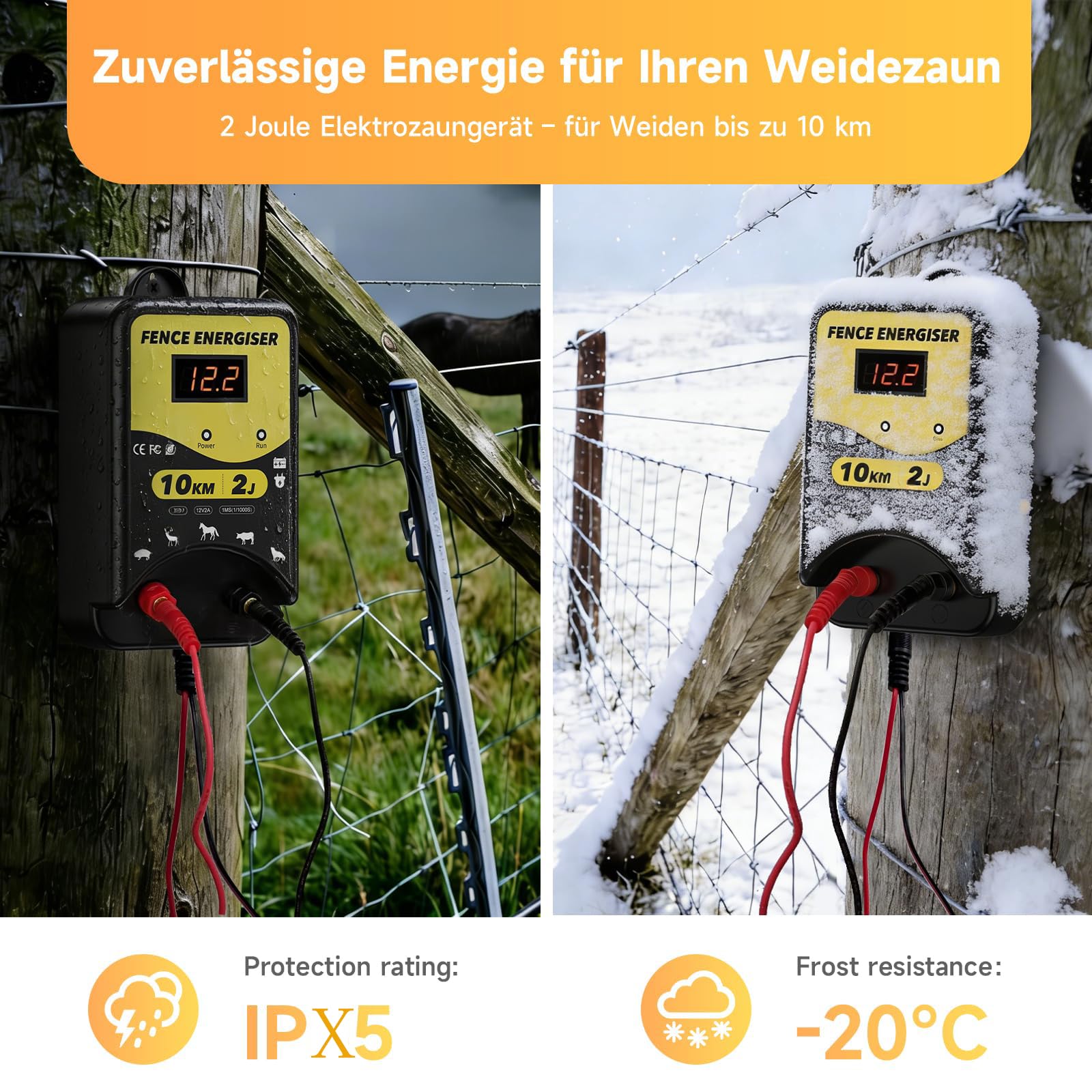 Elektrozaungerät 12V, 2J, Wasserdicht Elektrischer Weidezaun Wasserdicht mit LED-Anzeige, Weidezaungerät für Tiere wie Rinder, Pferde, Schweine, Ziegen
