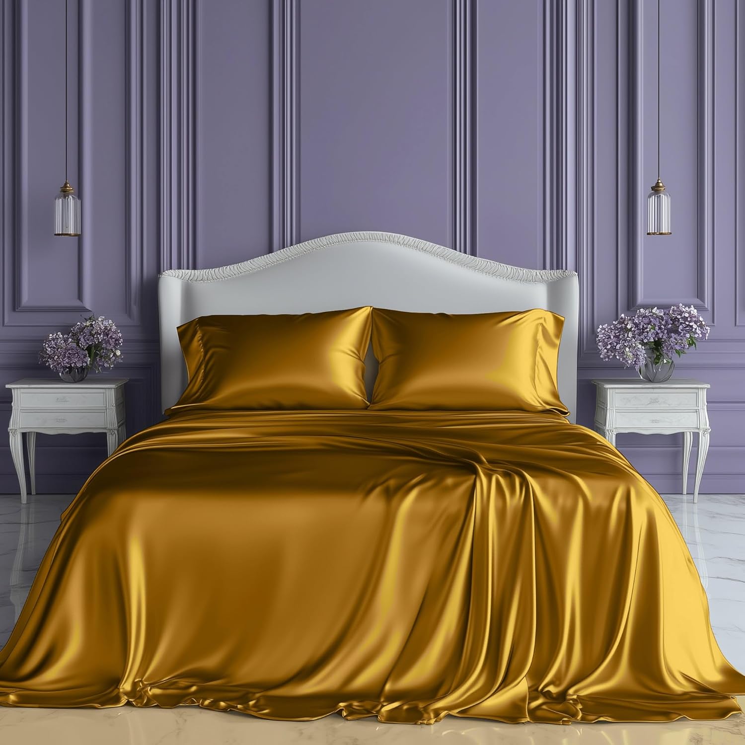 SLEEP SANCTUARY Satin Sheets Queen Size  4 Piece Luxury Silky Bed Set, Softer Than Silk, 15" Deep Pocket, Cooling & Wrinkle-Free, Moisture-Wicking & Breathable for Hair & Skin (Gold)