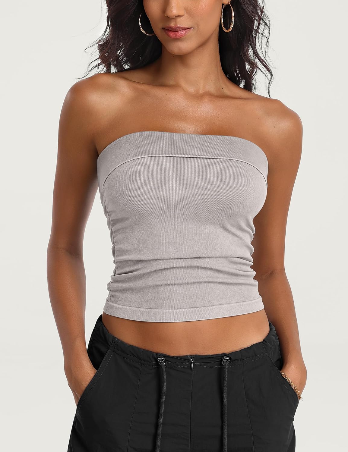 OLCHEE Womens 2PK Tube Tops Off Shoulder Seamless Ribbed Strapless Sleeveless Side Ruched Slim Fitted Summer Going Out Top - Image 2