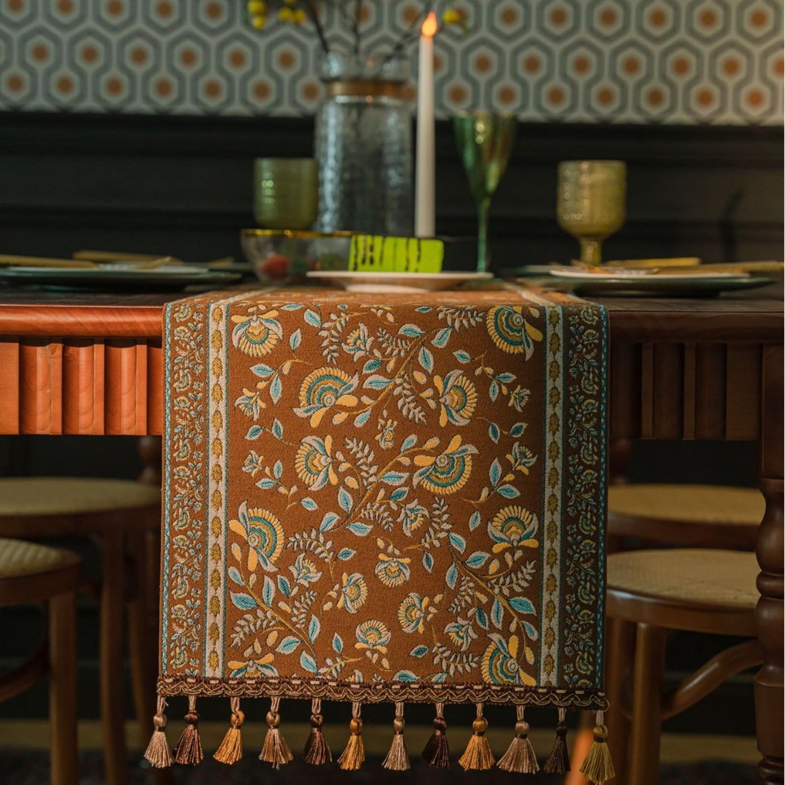Runner da Tavolo Poliestere 35x160 cm, Runner da Tavola Moderno Lavabile Motivo Jacquard Rami D'Albero e Viticci con Nappe Decorazioni per Tavolino da Compleanni Matrimoni, Marrone