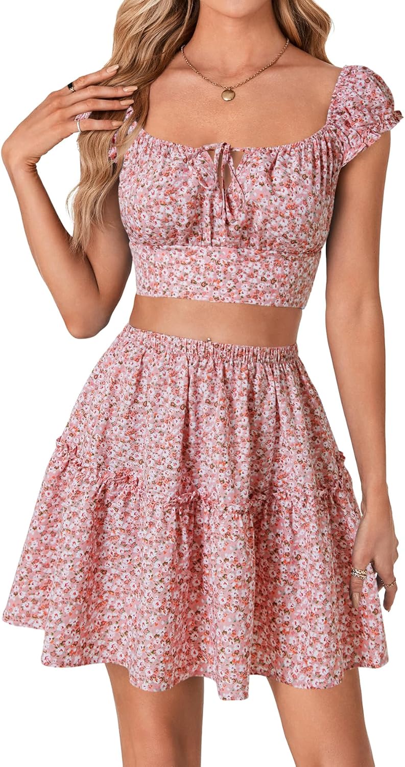 Vrtige Women's 2 Piece Outfits Floral Cap Sleeve Square Neck Shirred Crop Top and Mini Skirt Set - Image 2