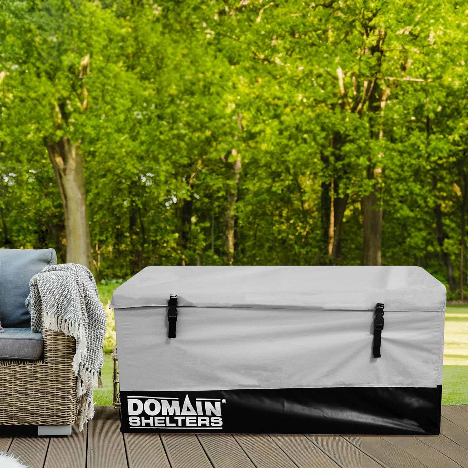 Domain Shelters 117 Gallon 4 x 2 x 2 Foot Outdoor Patio Backyard Garden Storage Container Deck Box w/Removable Weather Bars & Clip Buckles, Gray/Black