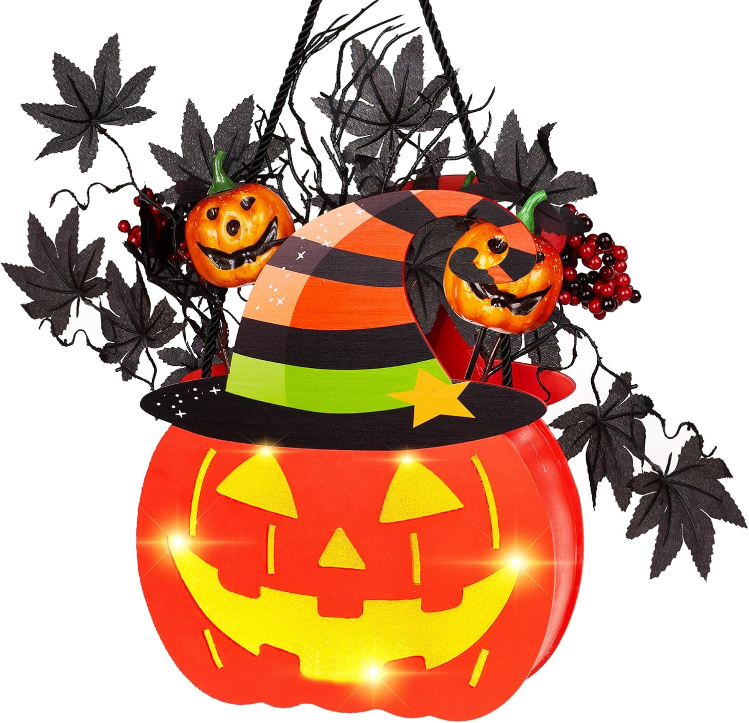 BlcTec Halloween Pumpkin Lights, 10 inch Lighted Big Jack-O-Lantern with Maple Leaves, Berries, Twigs, Witch's Hat, Battery-Operated Premium Wood Pumpkin with Timer for Halloween Decorations, Style B