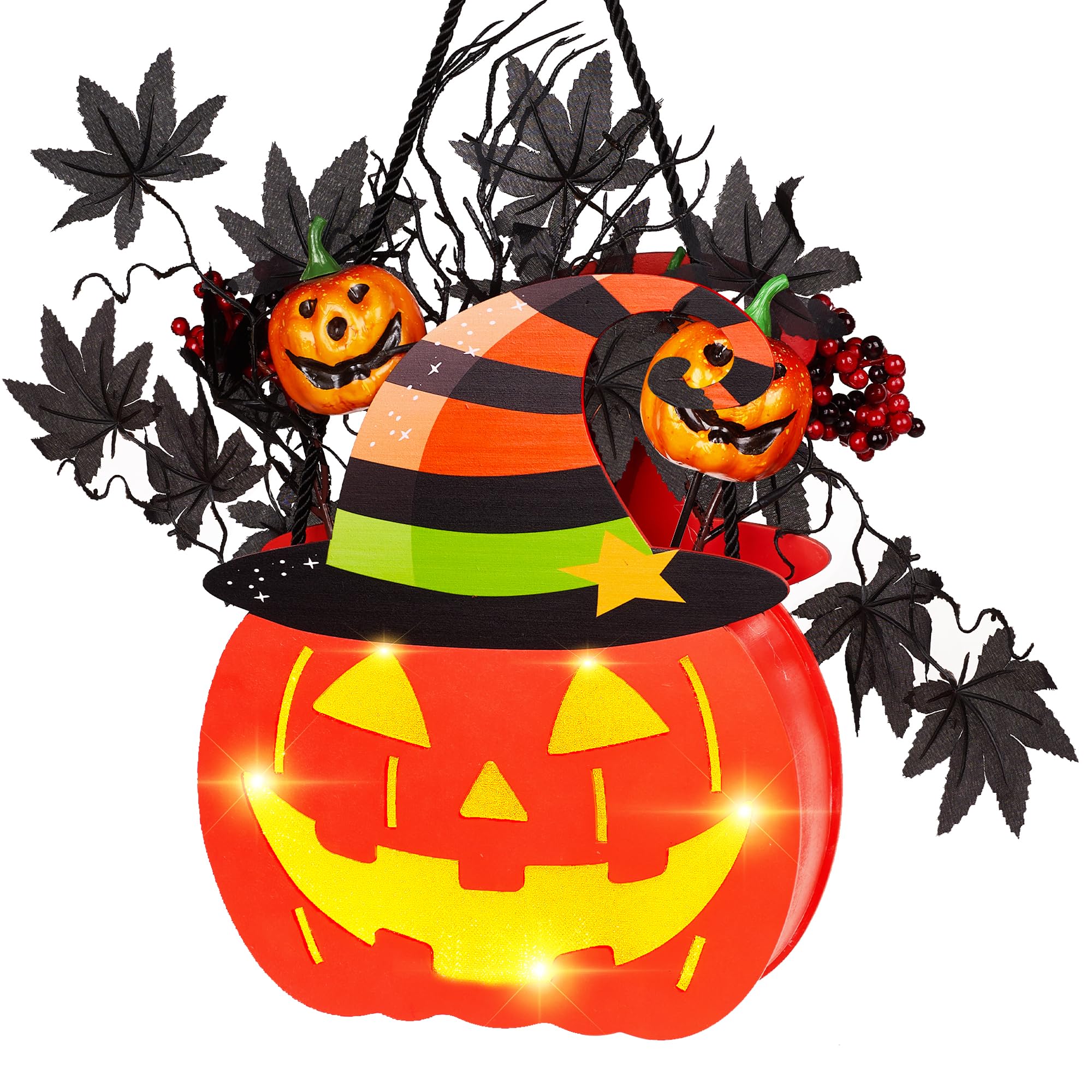 BlcTec Halloween Pumpkin Lights, 10 inch Lighted Big Jack-O-Lantern with Maple Leaves, Berries, Twigs, Witch's Hat, Battery-Operated Premium Wood