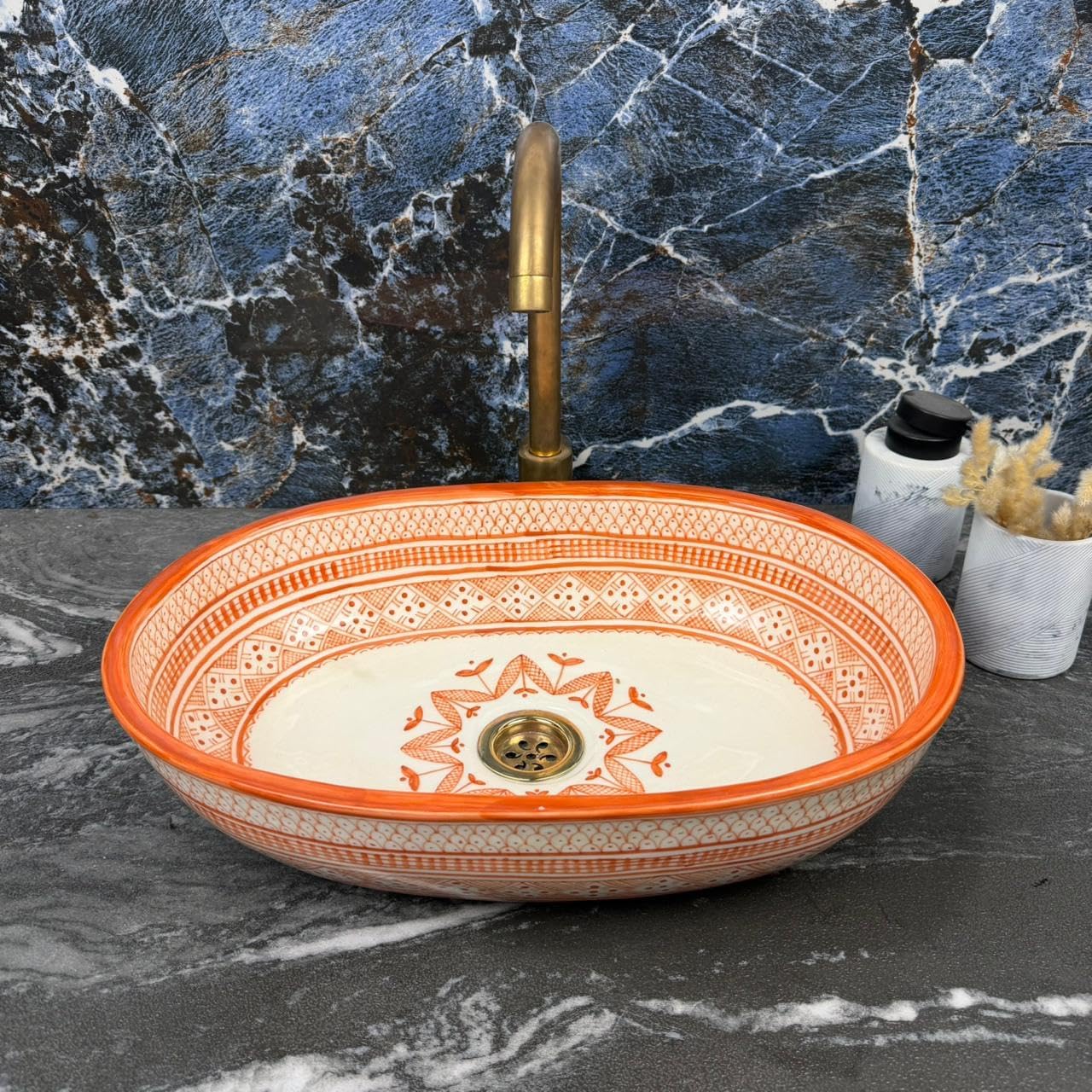 Oval Orange Handmade Moroccan Ceramic Vessel Sink - Oval Basin Hand-Painted Boho Bathroom Vanity Washbowl (38x29cm = 15x11.5in)