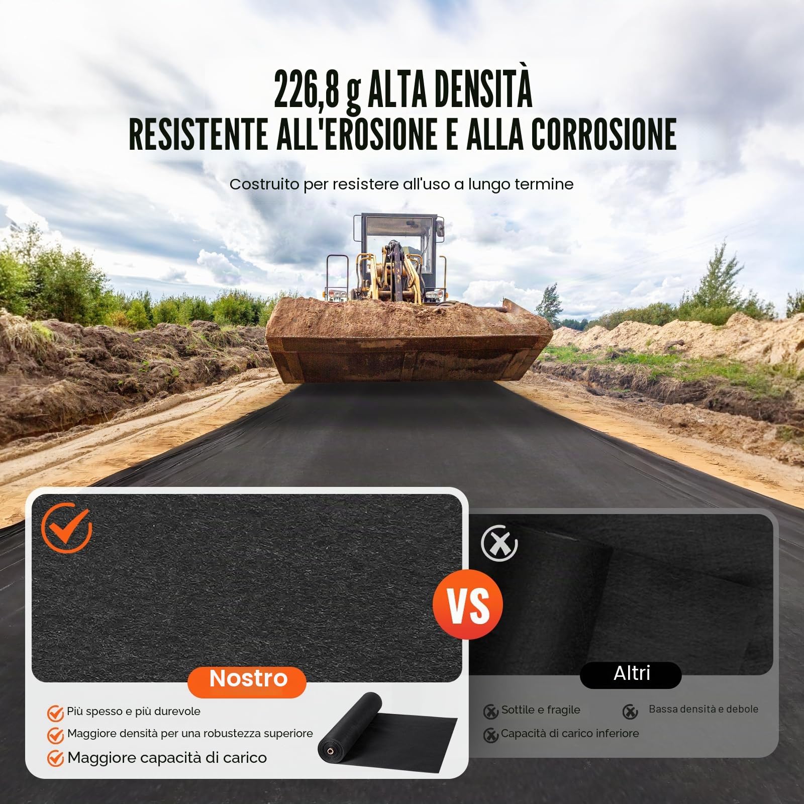 VEVOR Telo Geotessile Non Tessuto 1,8x30,5 m, Tessuto Pacciamante 271 g/m², Telo Pacciamatura Anti Erbacce per Sistemi di Drenaggio, Paesaggistica, Copertura Non Tessuto Geotessile del Terreno, Nero