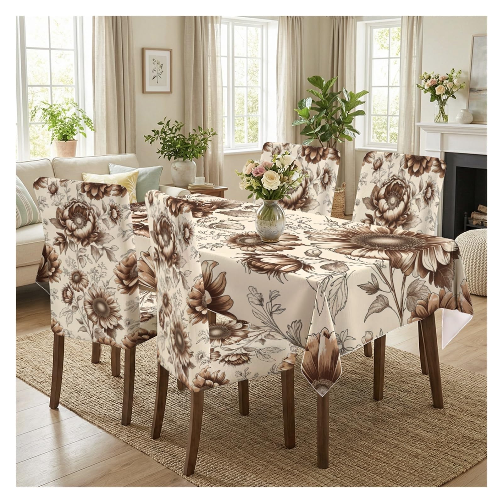 KXUAUV Stretch Dining Chair Slipcover & Tablecloth Set, Cream Base Vintage Sepia Brown Large Floral Print, 5/7 Pack, Retro Farmhouse Elegant Home Decor Party Decor(5pcs Set: Tablecloth+Chair Covers)