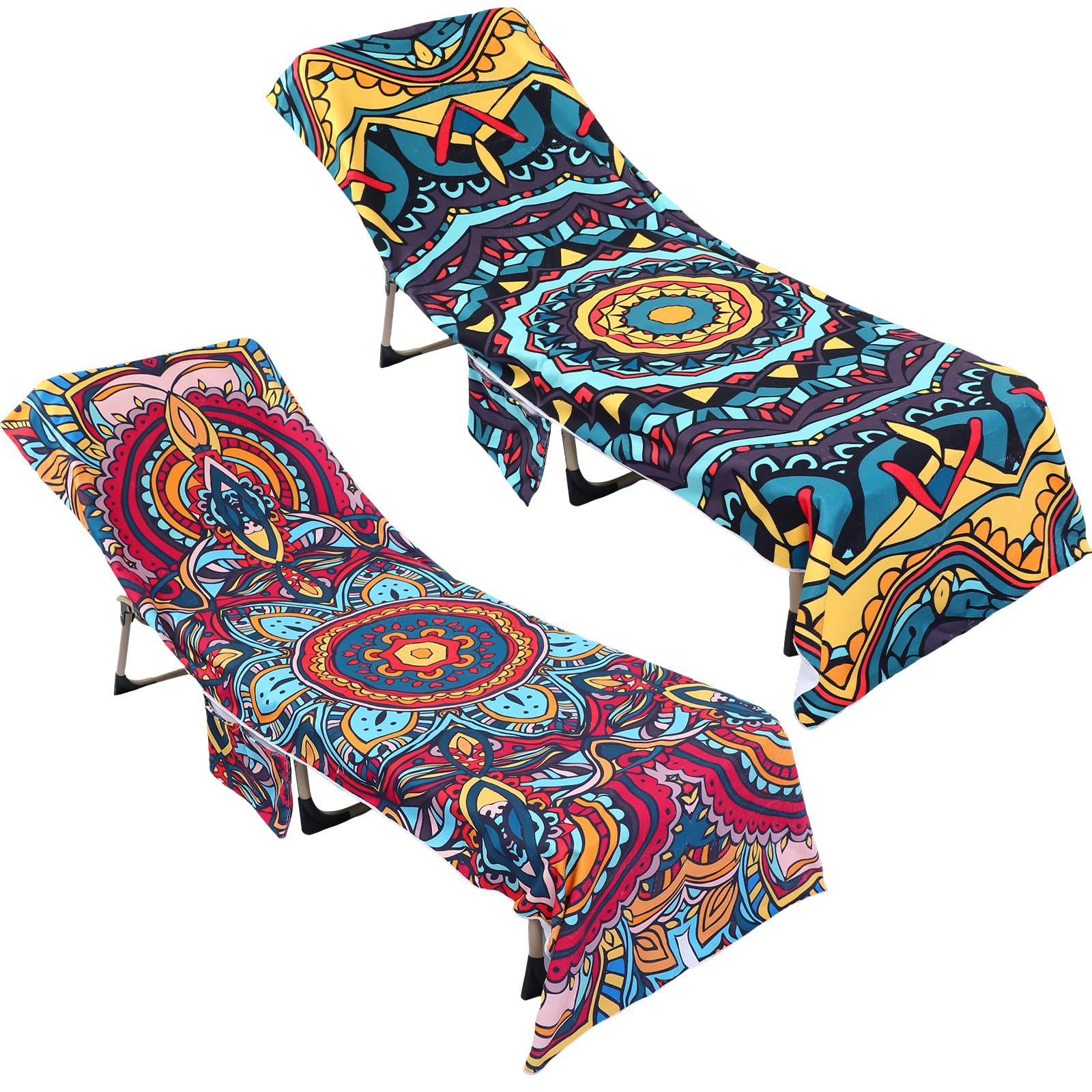 2 Pcs Bohemia Lounge Chair Cover with Side Pockets Soft and Quick Dry Chaise Lounge Chair Towel Cover Microfiber Beach Chair Cover Pool Chair Covers for Outdoor Sunbathing 28.74 x 82.68 Inch