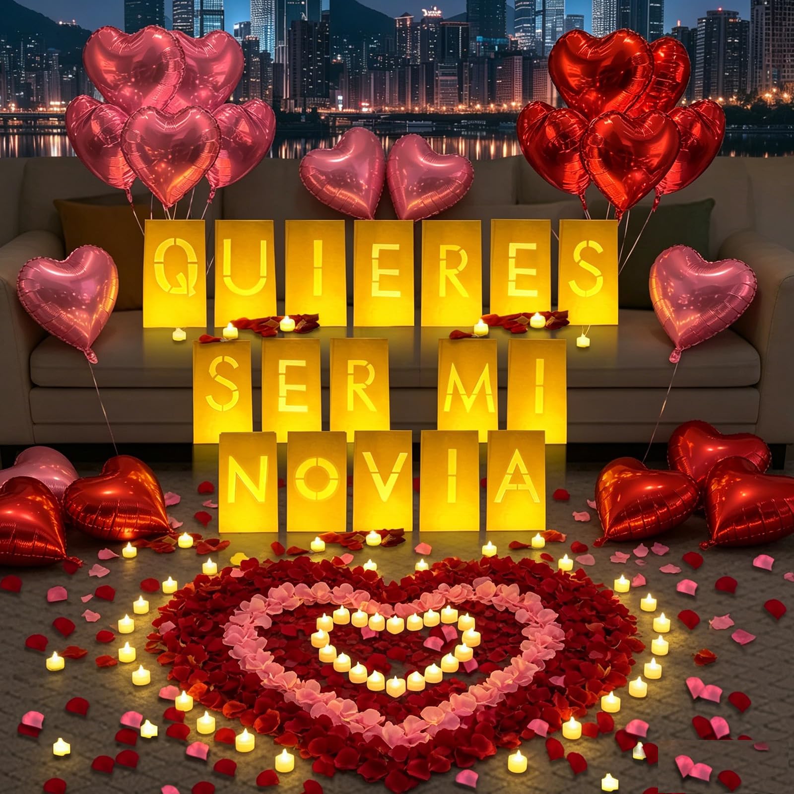Quieres Ser Mi Novia Lot de 17 sacs lumineux en papier 2200 pétales de rose artificiels rouges et roses, 48 bougies LED sans flamme, 15 ballons en forme de cœur, nuit romantique, Saint-Valentin