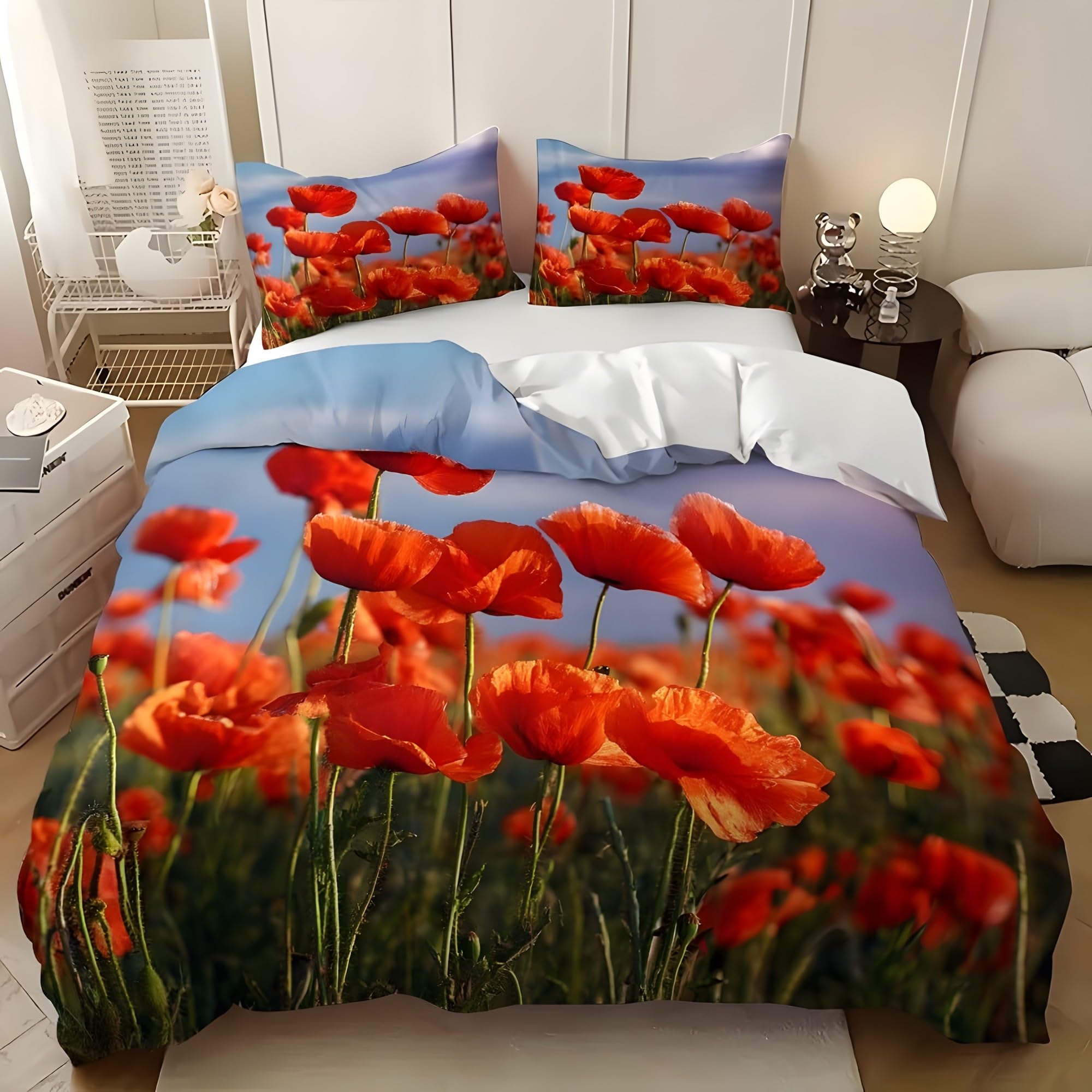 Housse de couette 240x260 coquelicot en microfibre avec ses 2 taies d'oreiller bleu ciel