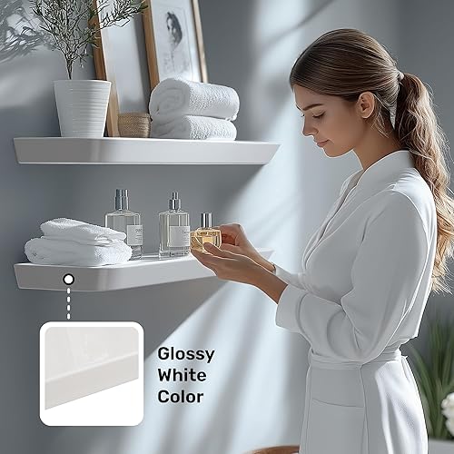 Miniatura 5 de Estantes flotantes de madera blanca para pared de 16 pulgadas (juego de 2)  Estantes de baño blancos  Pequeño estante montado en la pared para