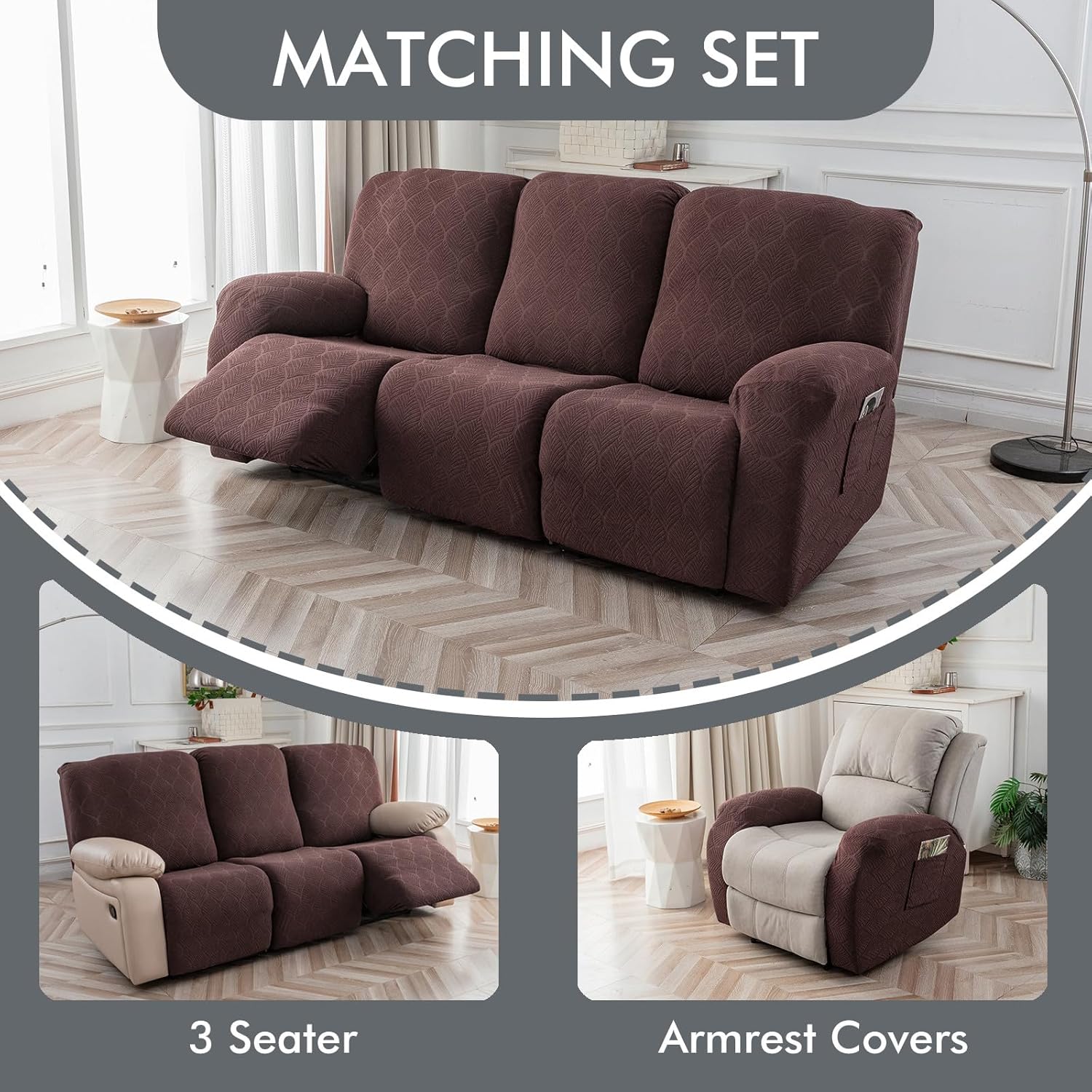 100% Waterproof Recliner Sofa Slipcovers, 3 Pieces Stretch Reclining Couch Covers for 3 Cushion Couch Sofa Pet Friendly Washable Furniture Covers for Dogs, Pets, Kids (Chocolate, 3 Seater)